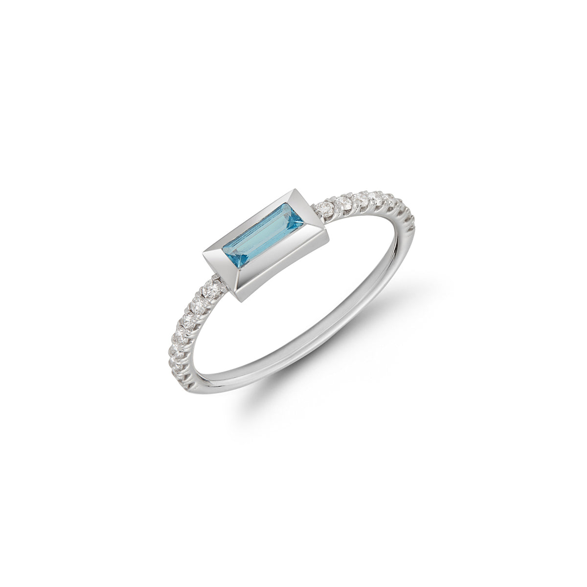 Small Baguette Ring – Sky Blue Topaz with Diamond Shank