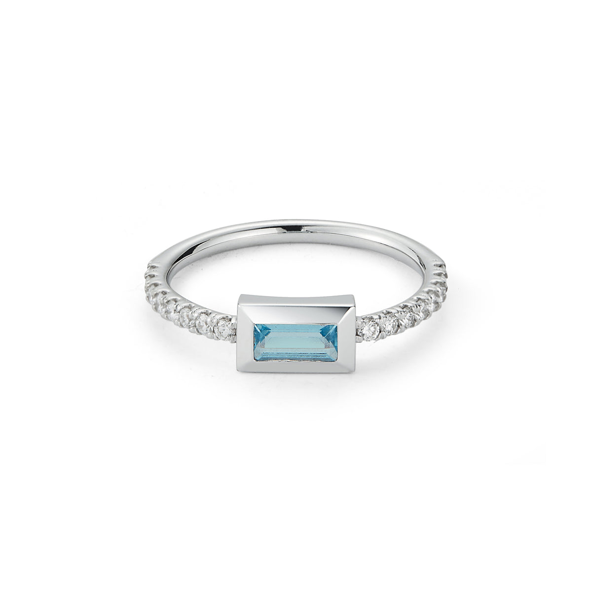Small Baguette Ring – Sky Blue Topaz with Diamond Shank
