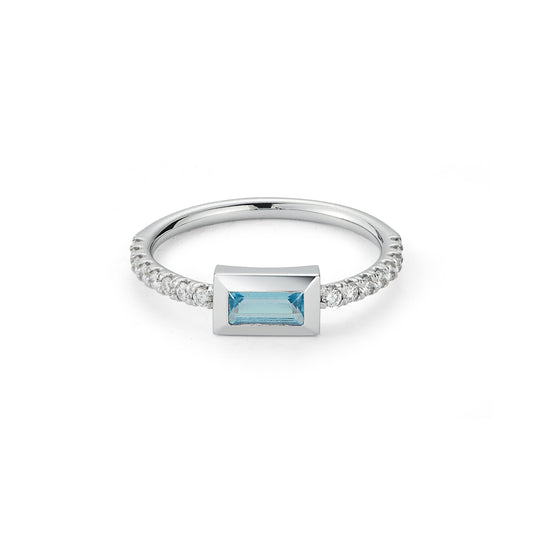 Small Baguette Ring – Sky Blue Topaz with Diamond Shank