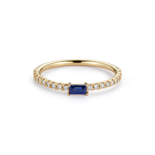 Baguette Ring with Diamond Pave Band – Blue Sapphire